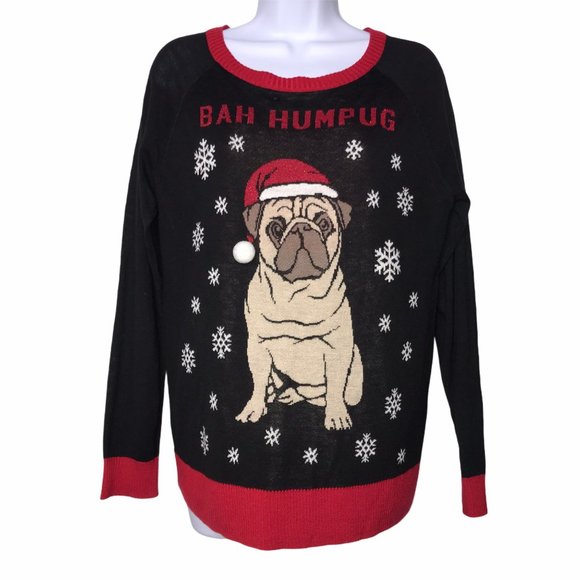 Well Worn Sweaters - Well Worn Lightweight Pug Bahumpug Ugly Christmas Holiday Pullover Sweater L